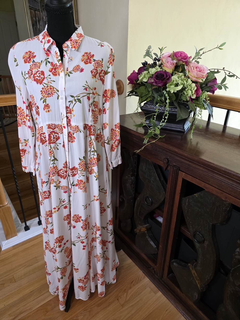 Mango Summer White Maxi Dress with Orange Floral Print Size 8
